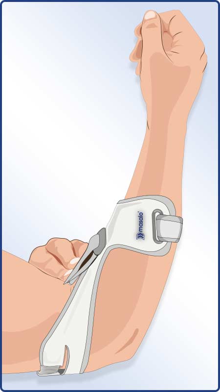 Instructions de mise en place du brassard Masalo MED - Fermeture de la sangle du bras supérieur